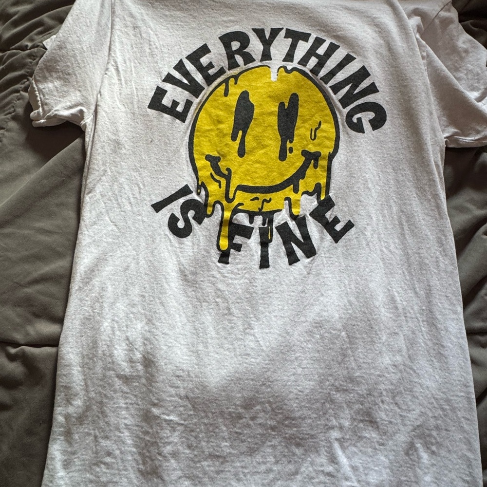 White Graphic Tee with Yellow Dripping Smiley - "Everything Is Fine"